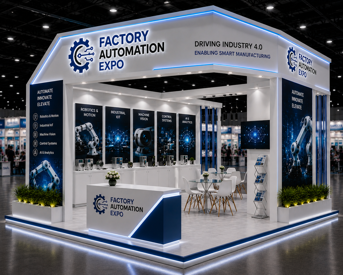 Three-Side Open Exhibition Stall Design for Factory Automation Expo
